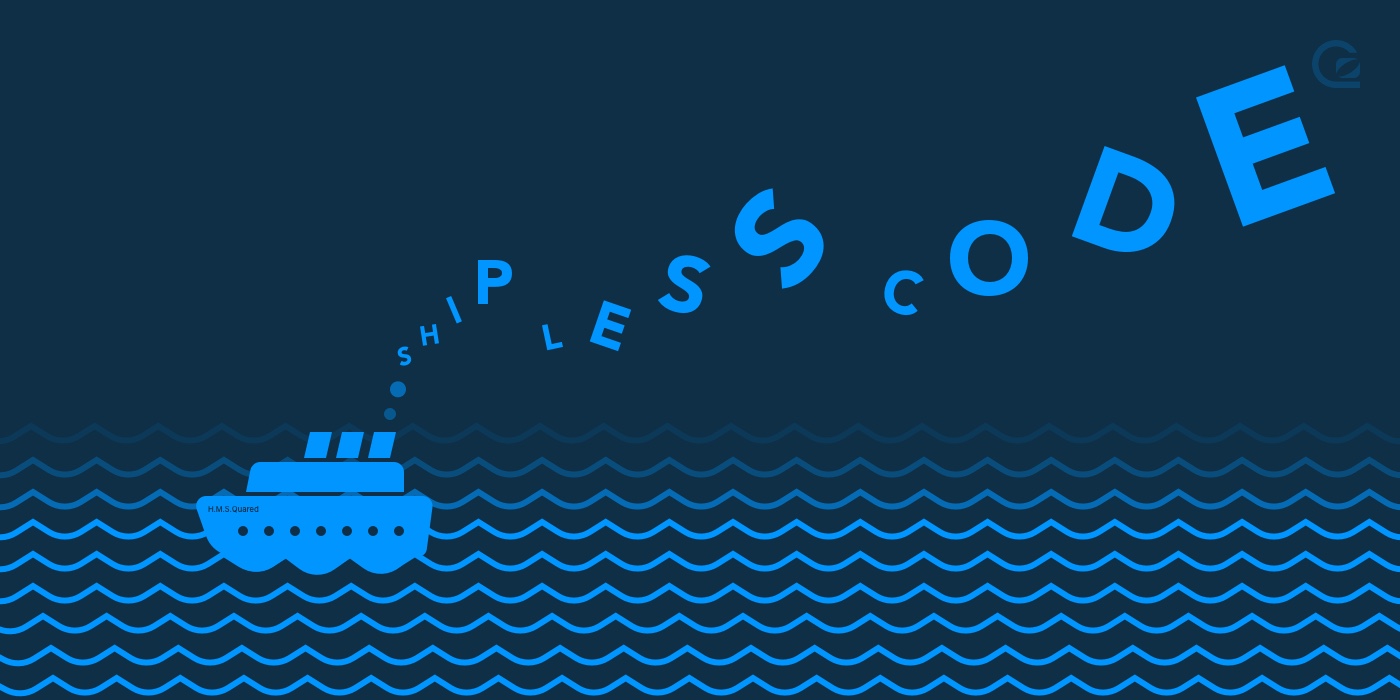 dark blue background with pale blue boat and ship less code written across 