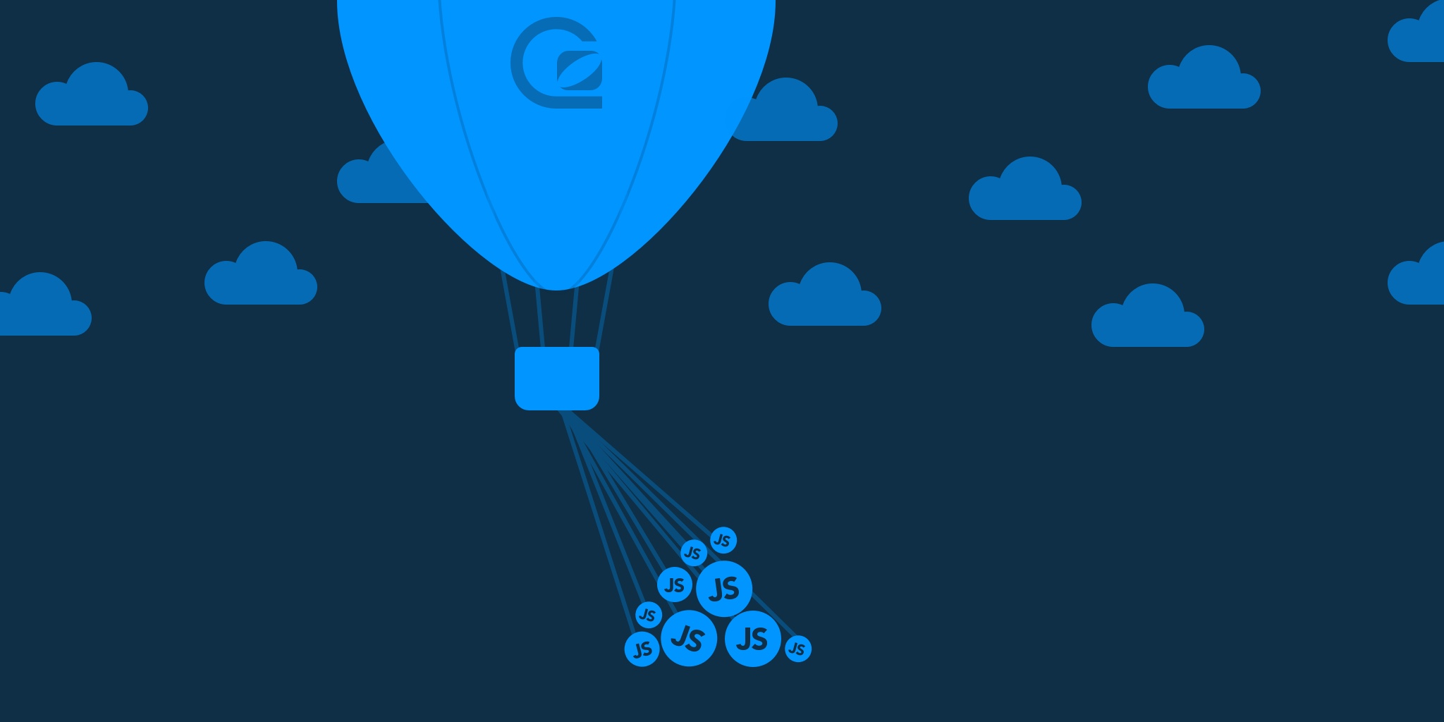 dark blue background with light blue balloon weighed down like your site would be weighed down with code